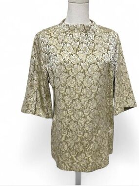 Vintage 60s Textured Jacquard Brocade Green Metallic Cocktail Blouse Size L/XL